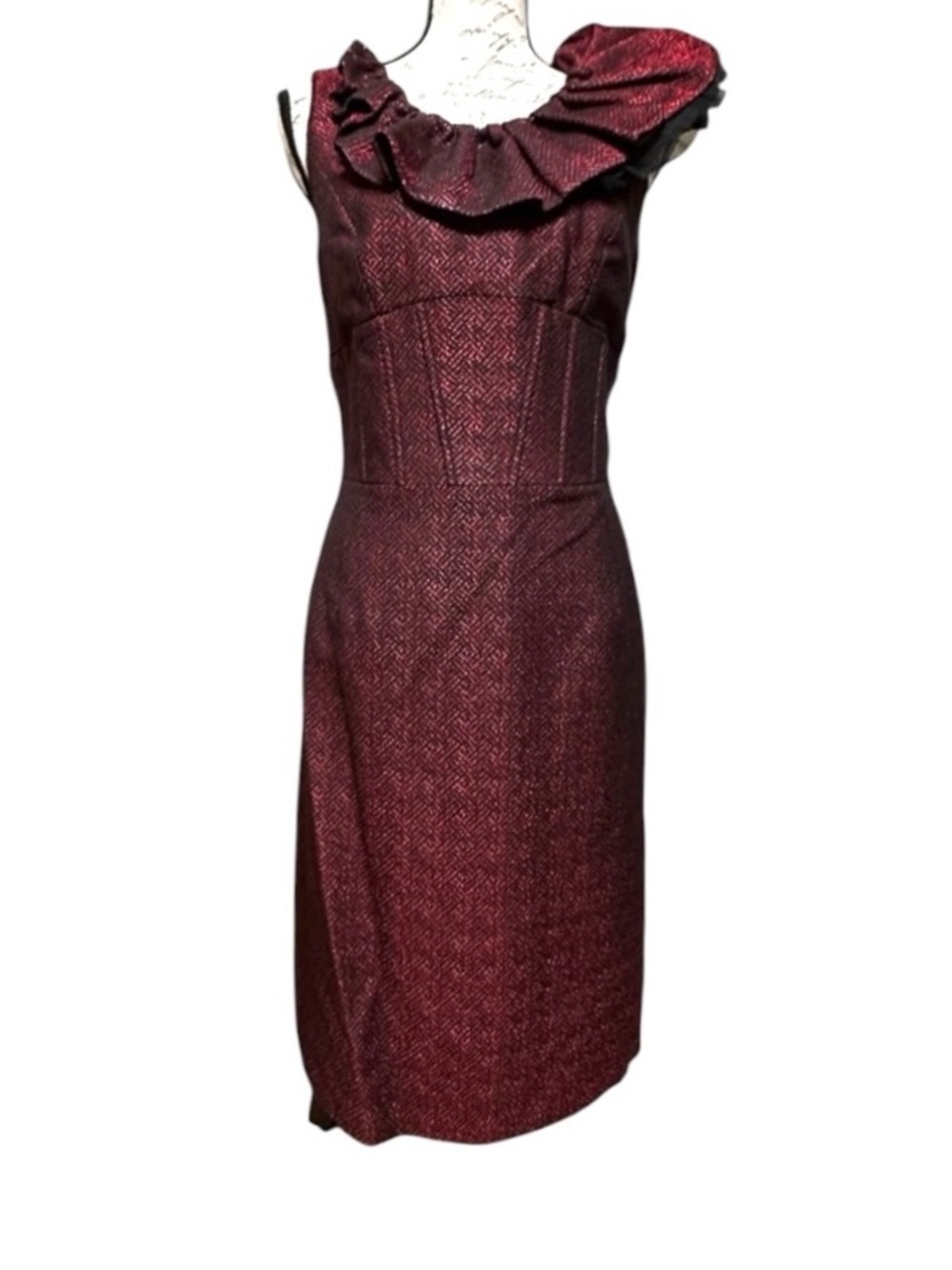NWT NUE by Shani Burgundy Asymmetrical Ruffle Sheath Dress Size 12 $340 MSRP